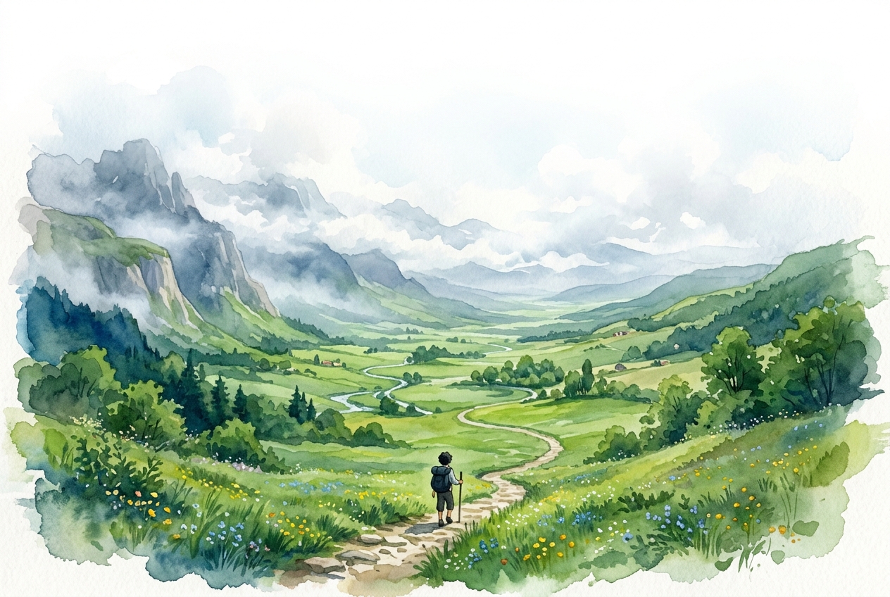 Hand-painted illustration of a misty green valley with a lone traveler on a path